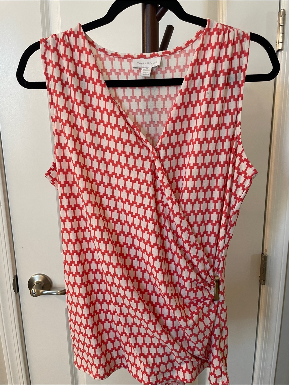 Charter Club Orange and White Geometric Sleeveless Wrap Top